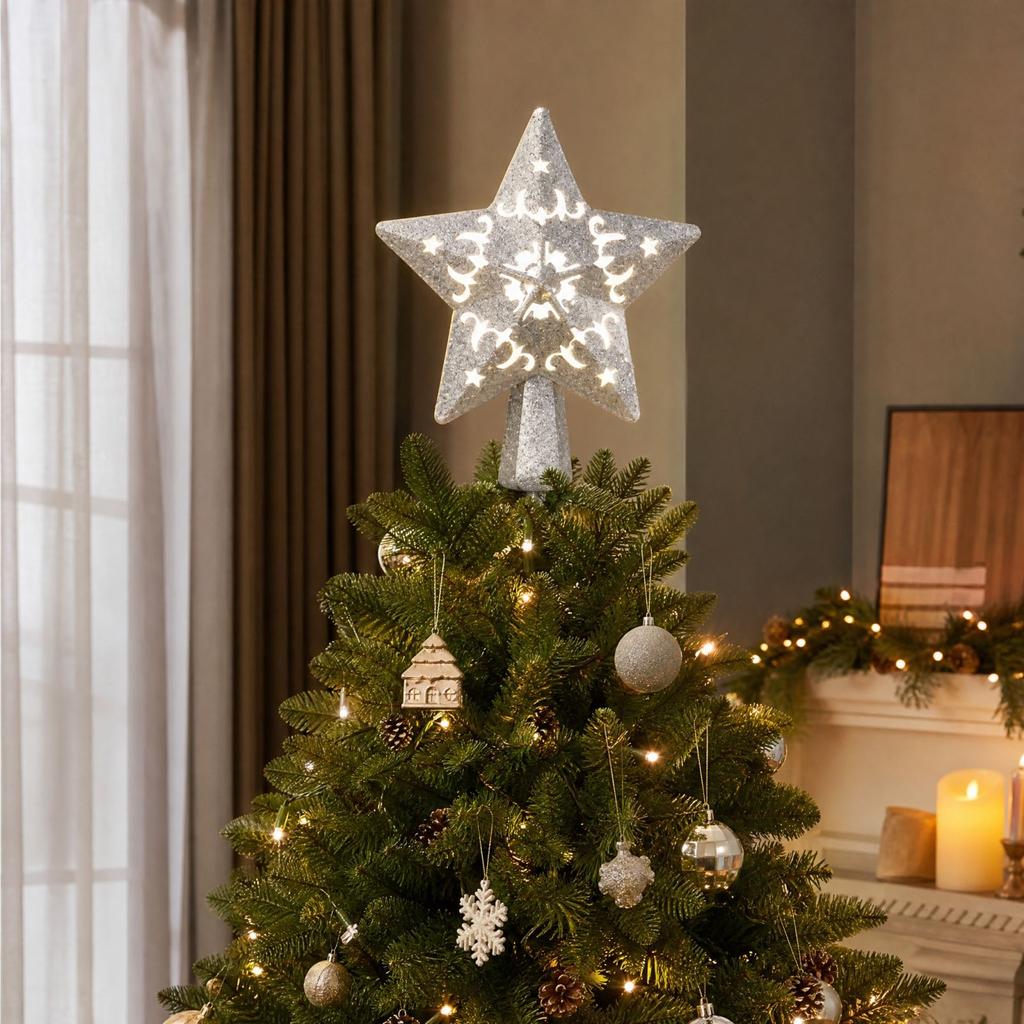 Puntale per Albero di Natale a Stella a Cinque Punte con Proiezione di Fiocco di Neve per Decorazione Festiva