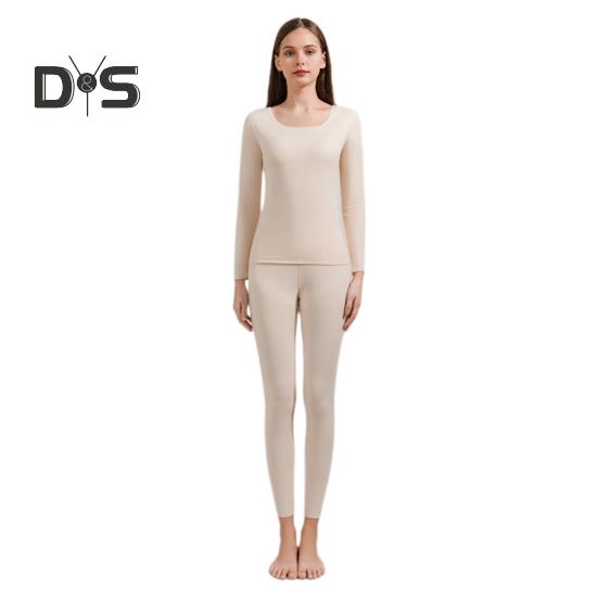 

2 шт./комплект зимнее женское термобелье комплект с круглым вырезом бесшовный длинный рукав теплый толстый двухсторонний плюшевый облегающий эластичный женский пижама для холодной погоды XL бежевый