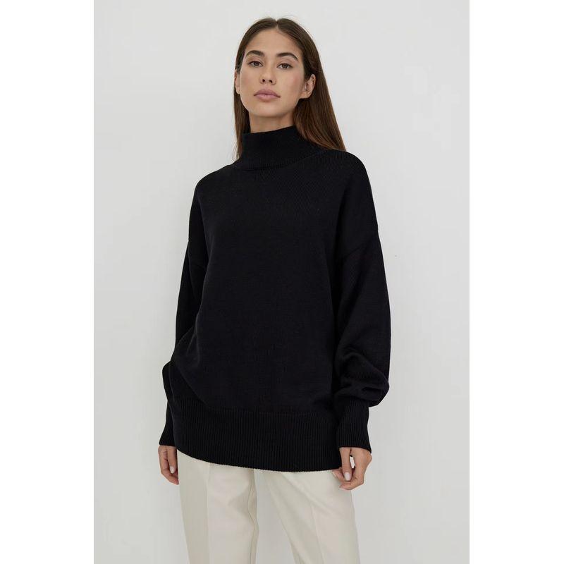 

Fashion Wind Knitted Loose Mock Neck Sweater Loose Fitting Half High Neck Sweater Black L