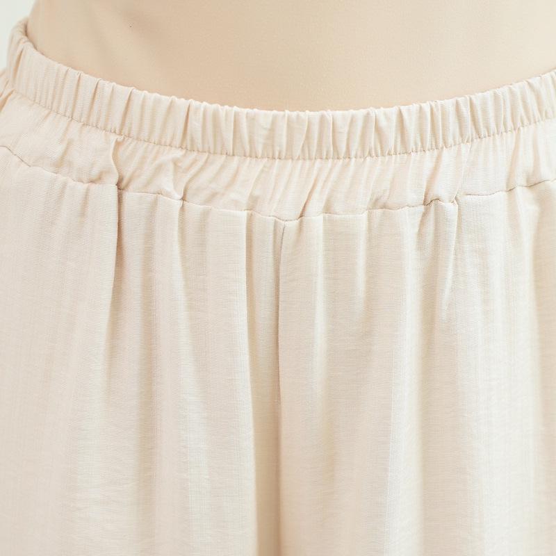Women's Summer Silk Linen Wide-Leg Pants: Literary Solid Color, Elastic Waist, Loose Fit, Thin Fashion Leggings.