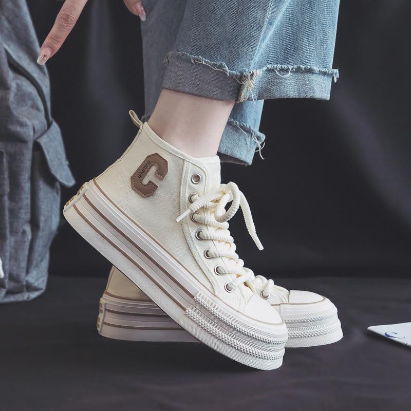 2025 Summer Women's Sneakers New Canvas Lace-Up Women's Sports Shoes Breathable Platform Sneakers Shoes White Casual Women Shoes