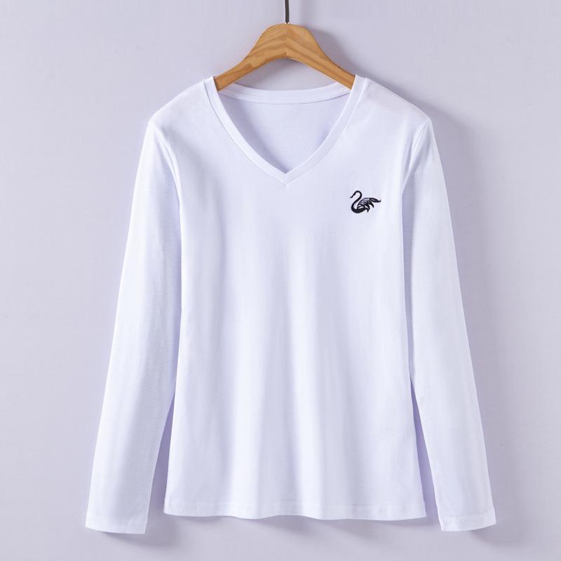 

Женская футболка весна-осень с длинным рукавом из хлопка с вышитым лебедем, женская хлопковая рубашка, модный универсальный удобный топ M