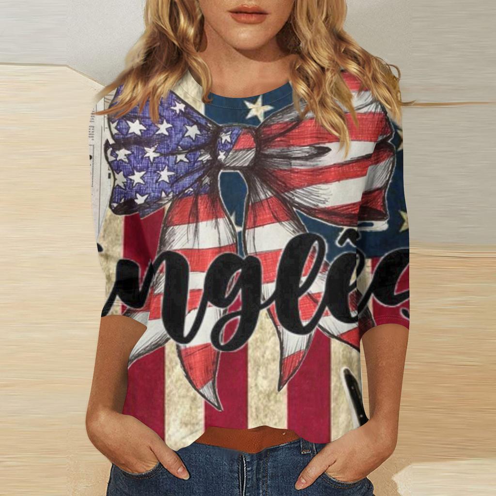 Women's Independence Day Print Round Neck Seven-Eighths Sleeve Top