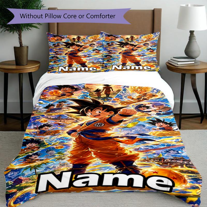 3pcs Duvet Cover Set (1*Duvet Cover + 2*Pillowcase, Without Core), Custom Name DRAGON BALL Pattern Bedding Set, Home Bedroom Decor Gift