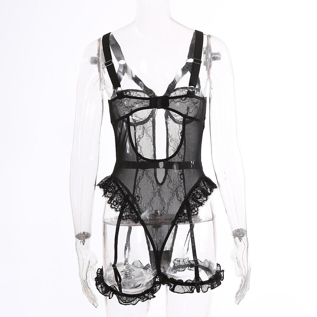 Sexy Black Lace Women's Bodysuit - Erotic Lingerie Set