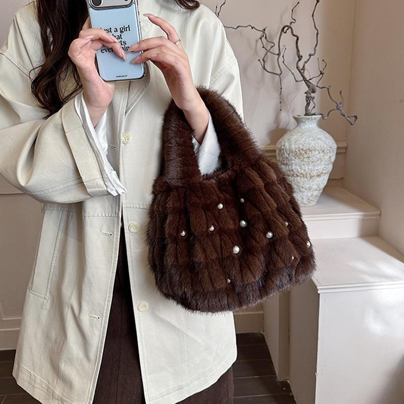 Retro Plush Striped Handbag Texture Pearl Faux Fur Bucket Shoulder Bag Fashion Versatile Large Capacity Tote Bag for Women