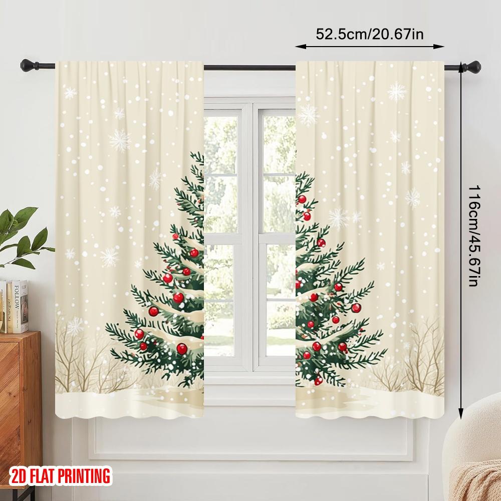 2pcs,2D plane printing Curtain Popular Christmas Tree Snow Berries (3) Versatile Polyester Fabric (without rod) Room Decor