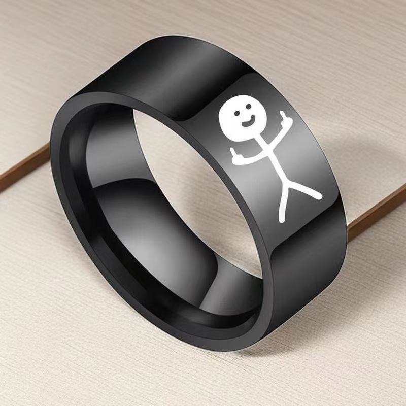 Titanium Steel Hip Hop Doodle Rings for Man Simple Trend Funny Middle Finger Stickman Couple Party New Gift Jewelry