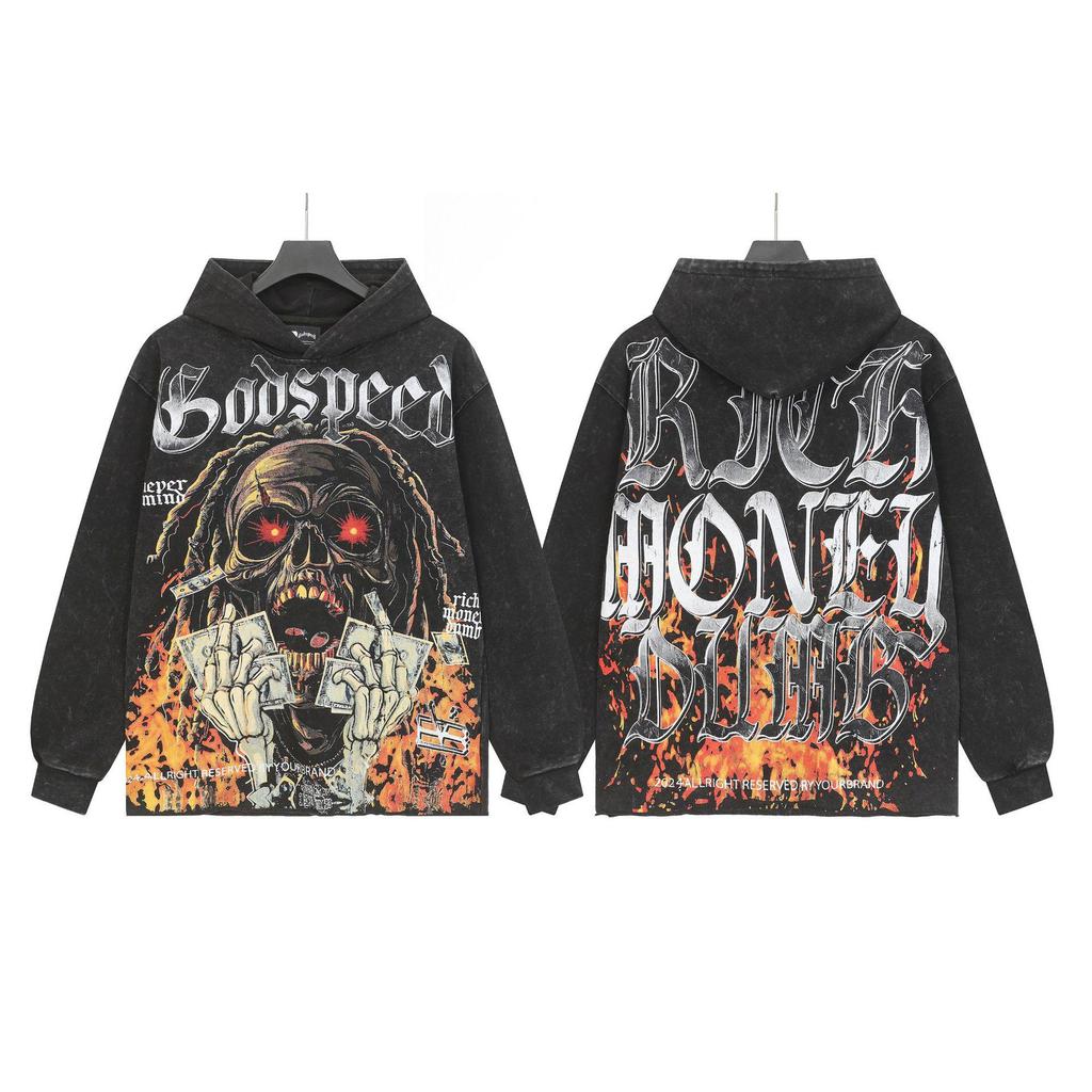 God Bless America Retro Rock Street Print Washed Hoodie - Casual Loose Fit