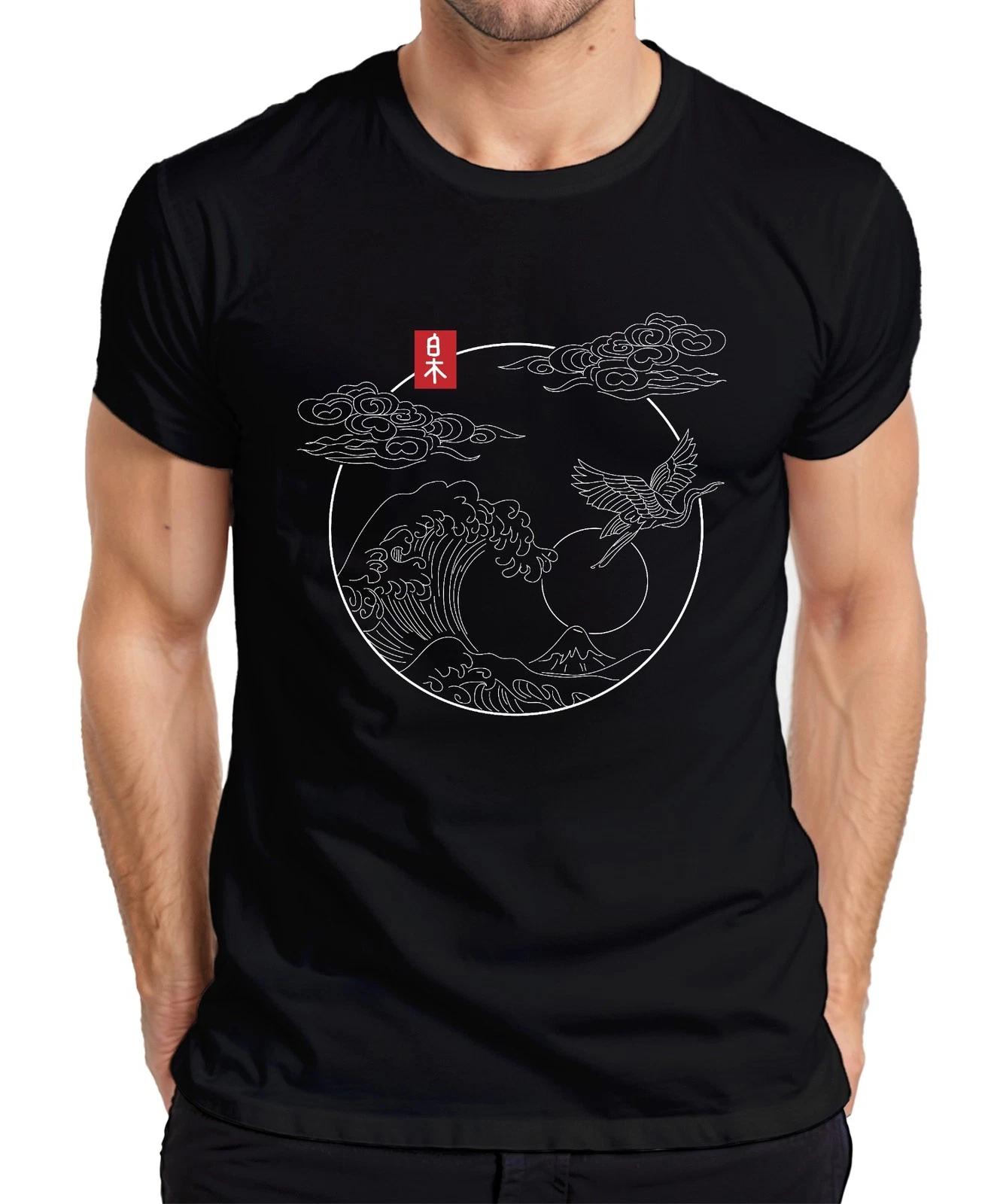 Japanische Welle Kranich Fuji Sonne Wolken Kreis Linienkunst Herren T-Shirt XL