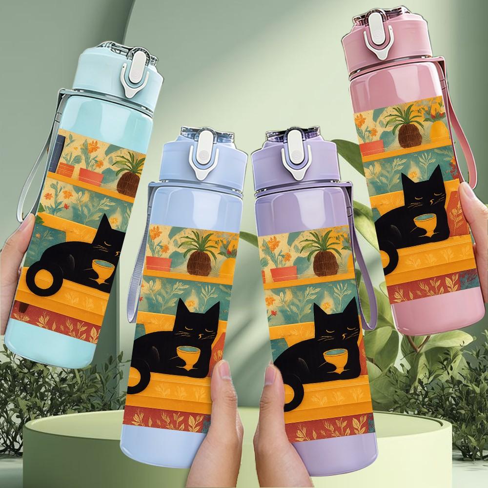 1PC Black Cat Color Block Frame 750ml Color Plastic Sports Water Bottle Leakproof Flip Straw Lid For Sports Office Home Use