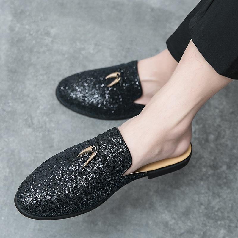 Designer New Men Tassel Sequins Half Slippers Loafers Male Casual Patent Leather Mules Moccasins Breathable Slip On Shoes