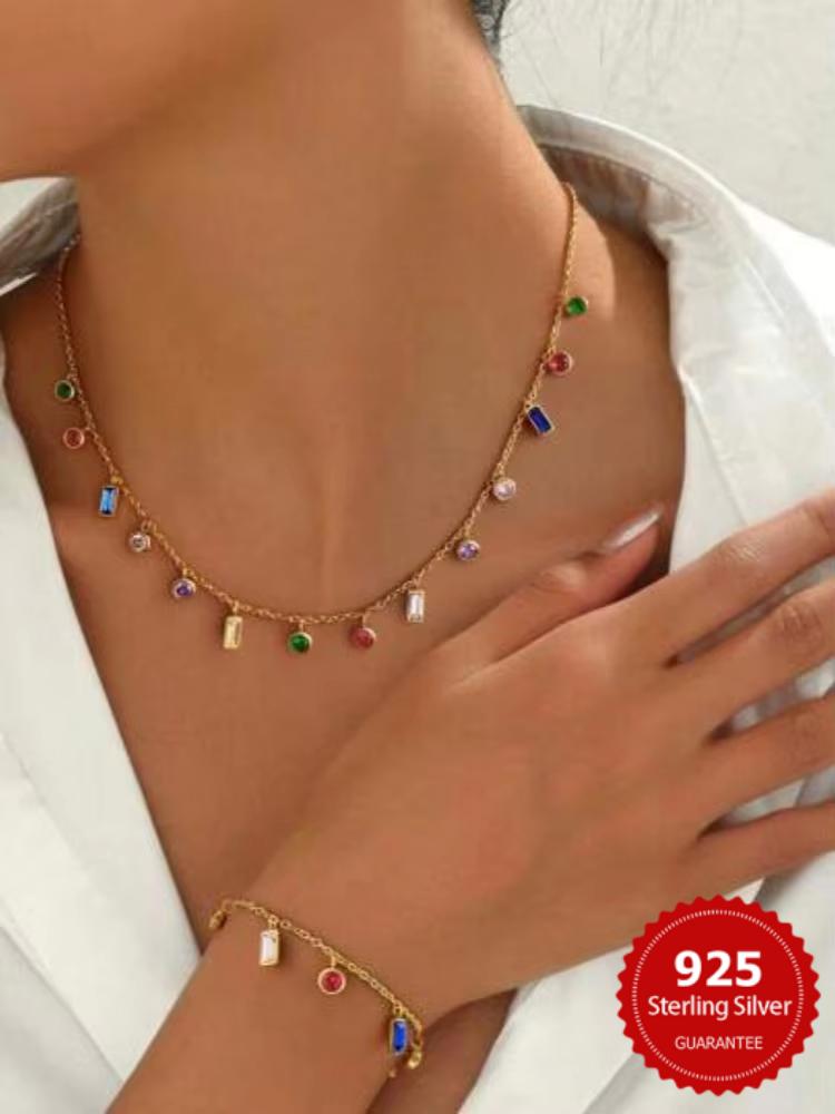 925 Sterling Silver Simple classic Zircon Colorful Necklace Bracelet Set For Women Anniversary Party High Quality Fine Jewelry