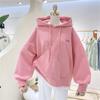 Women's Fleece-Lined Patchwork Hooded Sweatshirt - 2025 Autumn/Winter Korean Style Embroidered Loose Fit