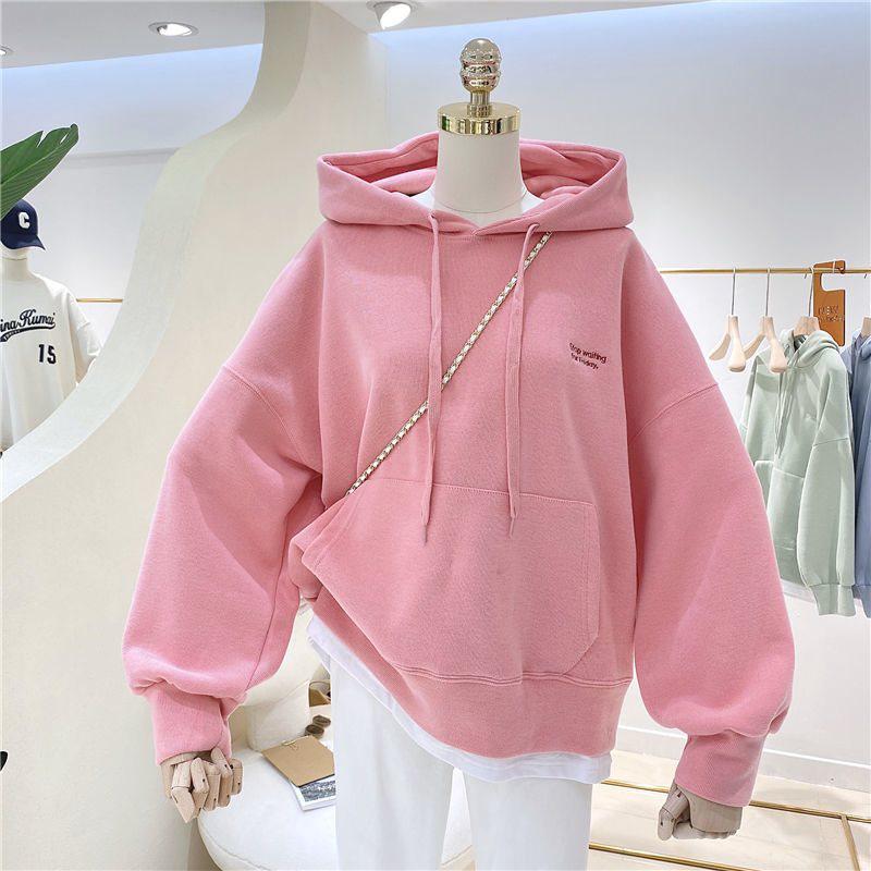 Women's Fleece-Lined Patchwork Hooded Sweatshirt - 2025 Autumn/Winter Korean Style Embroidered Loose Fit