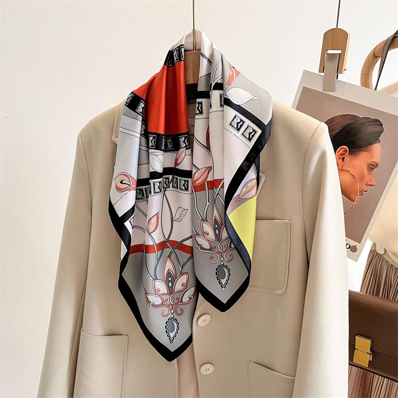 70cm Luxury Brand Square Scarf Design Double Side Shawl Wrap  Print Twill Silk Women Hijab Female Foulard Headband Bandana