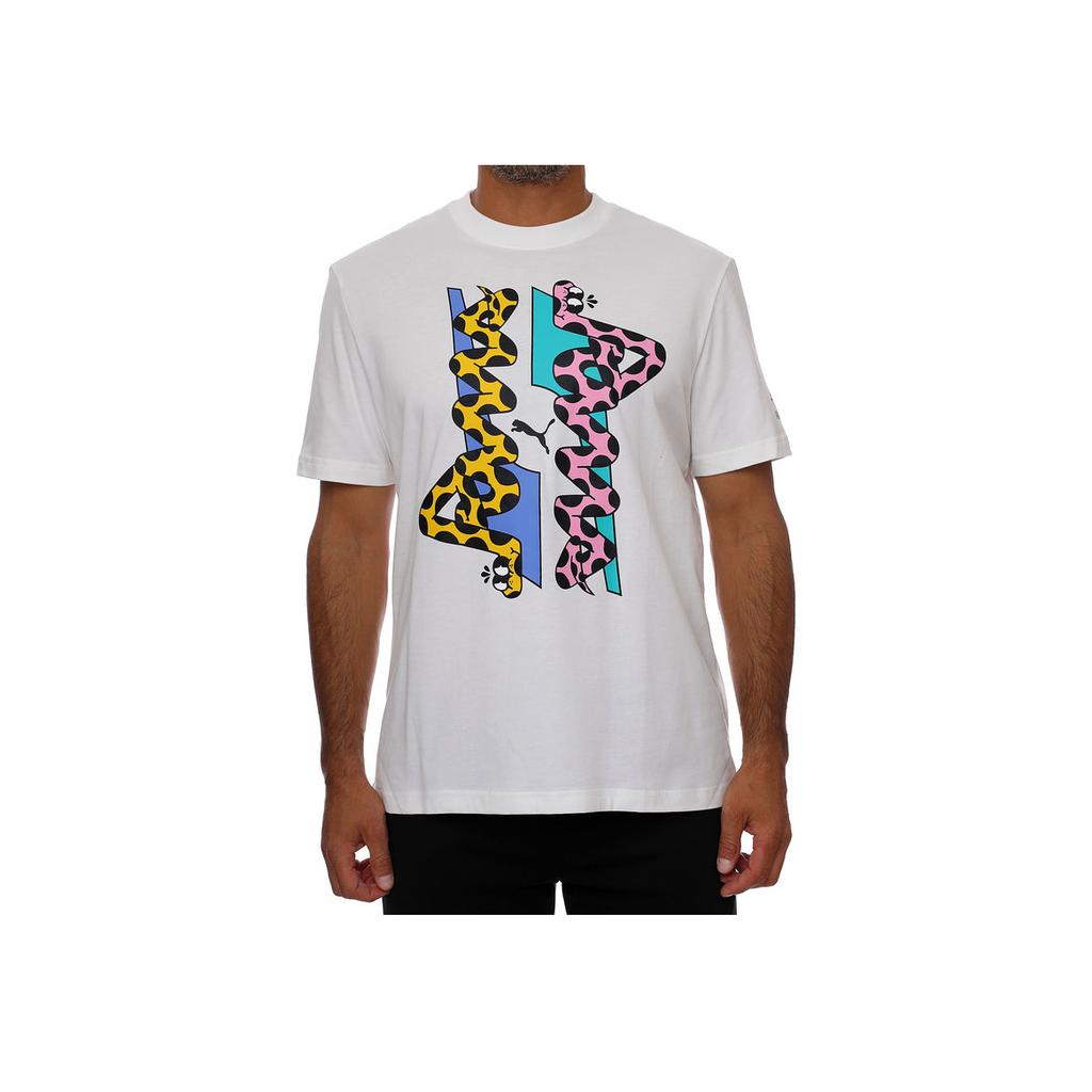 Puma Cartoon Animal Print Round Neck Short Sleeve T-Shirt Unisex Tops White 530222-02