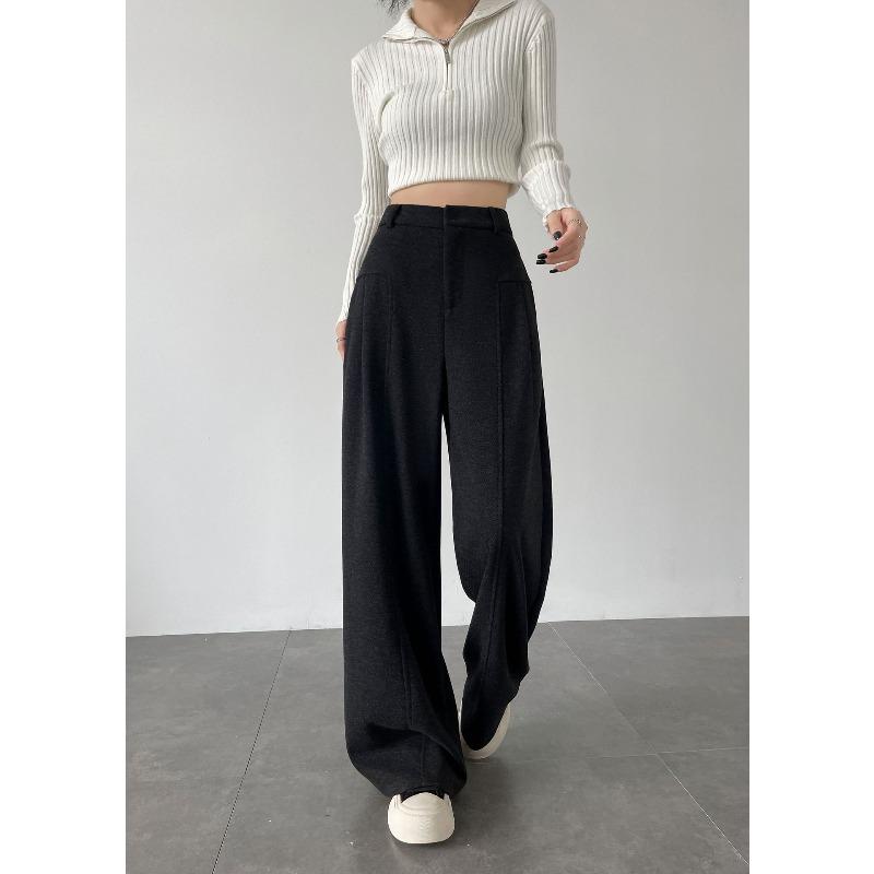 Black and Gray Acetate Wool Casual Pants Autumn Women's Straight-leg Trousers Wide-leg Trousers Drape High-end Feeling