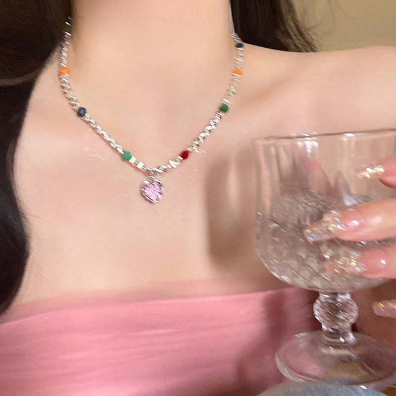 Trend Sweet Cool Wind Colorful Stone Heart Necklace for Women Pink Heart Chains Necklaces Pendants Fashion Aesthetic Y2K Jewelry