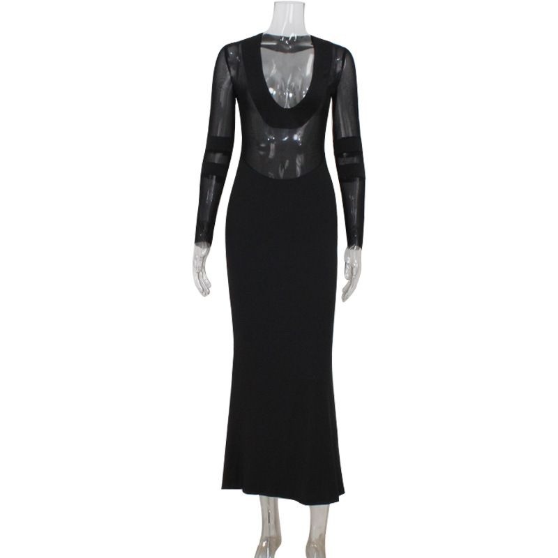 

Outfitgirl7 Sexy Sexy Black Mesh Stitching Long Sleeves Dress Female Silm Slim Looking Hip-Wrapped Dress Black S