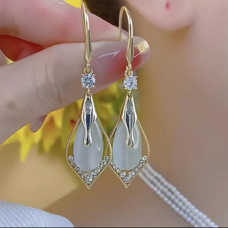Geometric Cat s Eye Stone Drop Earrings With Diamond Accents Elegant Face Slimming Jewelry For Women