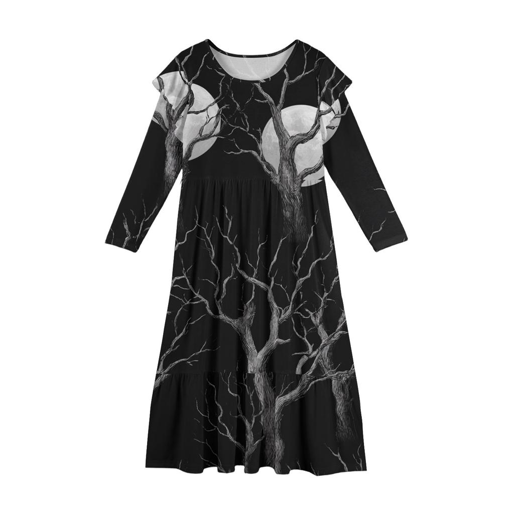 Girls' Tiered Ruffle Dress Halloween Day - Long Sleeve Printed Maxi With Pockets