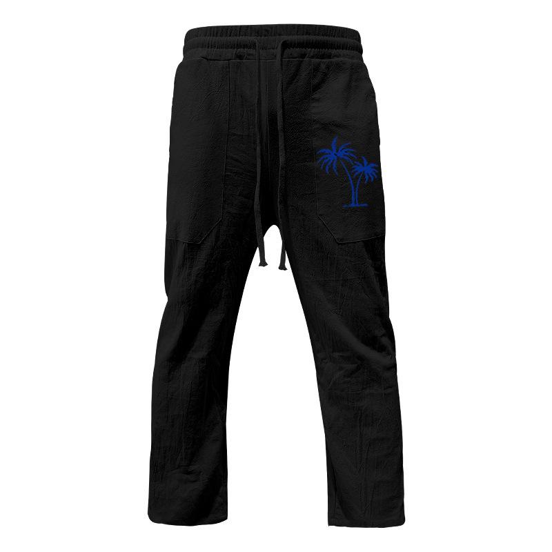 New fashion casual beach trousers men's coconut tree print cotton and linen loose trousers