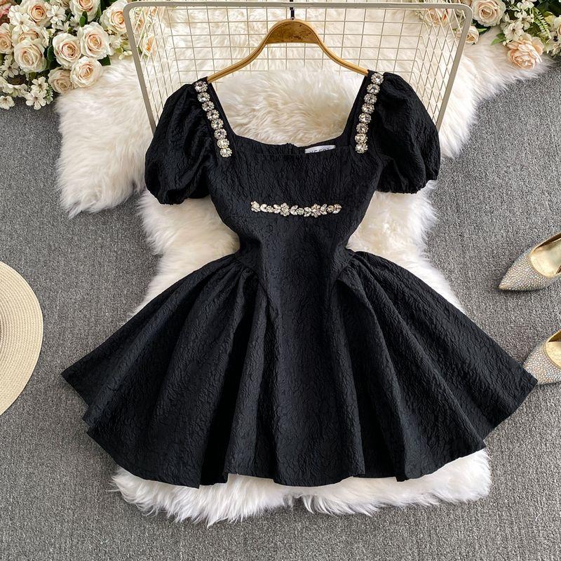 

Exquisite Rhinestone Square Collar Princess Dress Women s Summer Fancy Puff Sleeve Short Dress French Style Waist-Controlled A- line Pettiskirt Black L