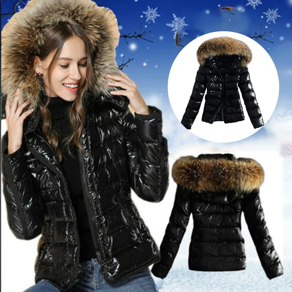 Women's Faux Fur Collar Hooded Zipper Puffer Jacket Coat Winter Warm