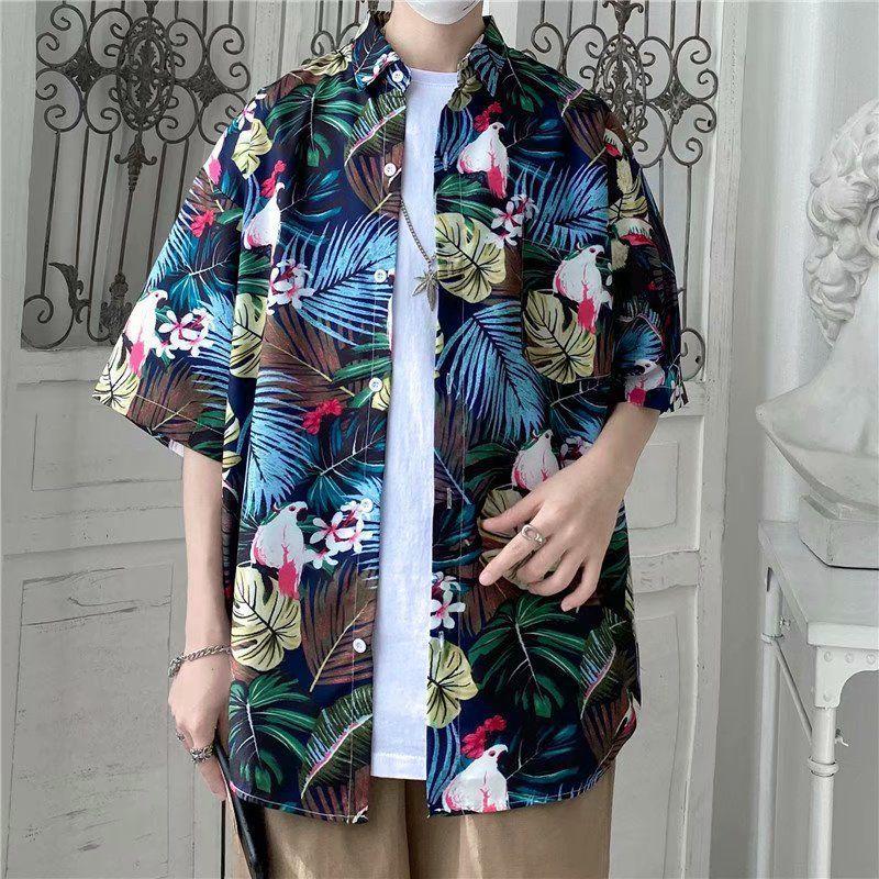 Men's Harajuku-Style Retro Floral Short-Sleeve Shirt: Hong Kong Ulzzang Beachwear with Sun Protection, Perfect for Couples.