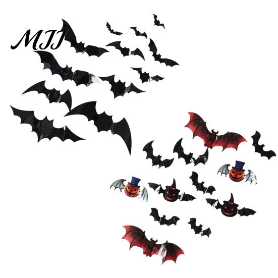 Three-dimensional Halloween Decor 12Pcs Bats Wall Decals, 3D Bat Stickers for Home Decor, Folded Paper Decoration 4 Size Waterproof Black Spooky