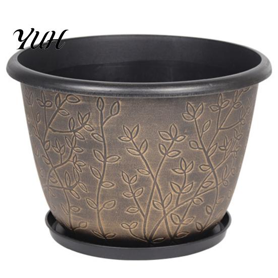 Large Plant Basin with Saucer 12 Inch Thickened Flower Pots for Outdoor Indoor, Plastic Leaf-Pattern Texture Weather Resistant Containers Planter
