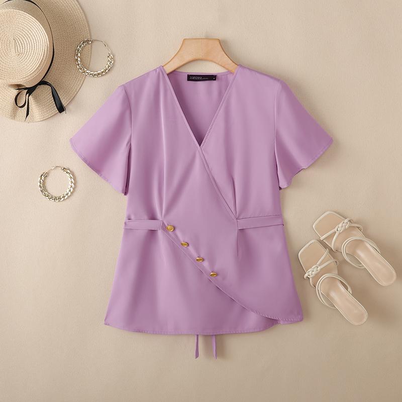 

ZANZEA Women Summer V-Neck Solid Color Short Sleeve Blouse 5XL