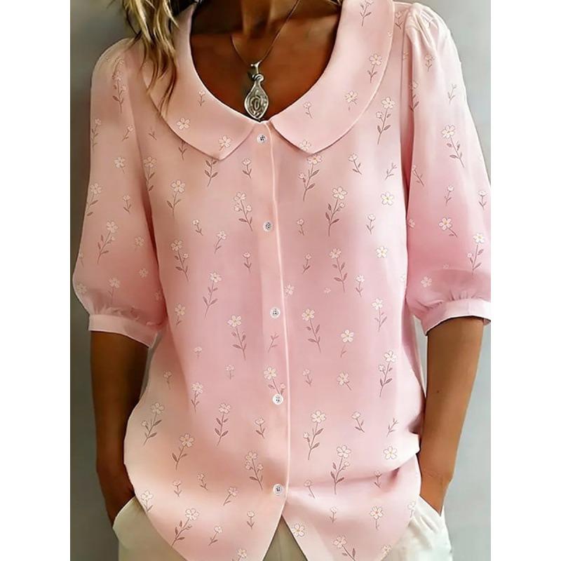 Women Floral Print Loose Peter Pan Collar Button Down Shirt
