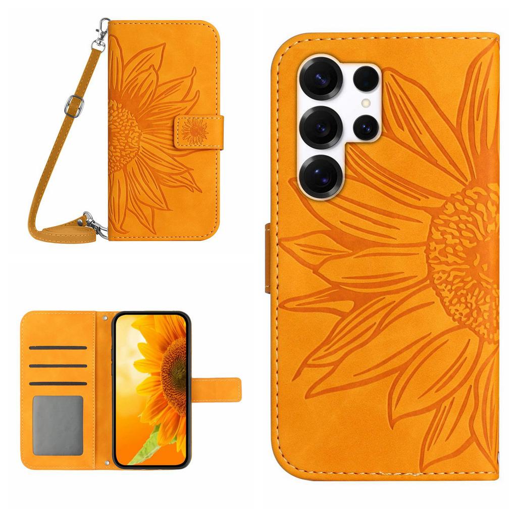 For Samsung Galaxy S26 Ultra Wallet Case Sunflower Imprinted PU Leather Phone Stand Cover with Shoulder Strap