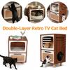 2-Tier Antique TV Cat House with Scratching Board Multi-Functional Cat Furniture Construction Cozy Cat Bed Pets Activity Center