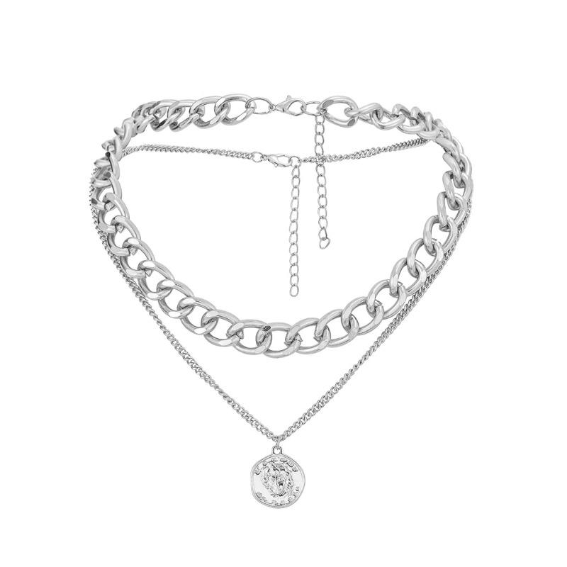 

Punk style hip hop double layer thick chain choker necklace fashionretro coin pendant necklace