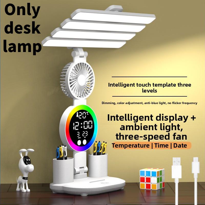 

Led Rechargeable Desk Lamp Night Light Brightness Control Girl Student Supplies White 4 Heads Lamp Fan