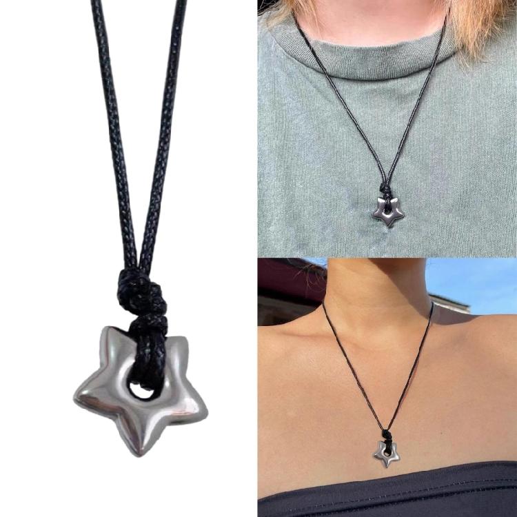 Vintage Fashion Star Pendant Necklace for Women Men Adjustable Length Wax Rope Collarbone Chain Handmade Jewelry