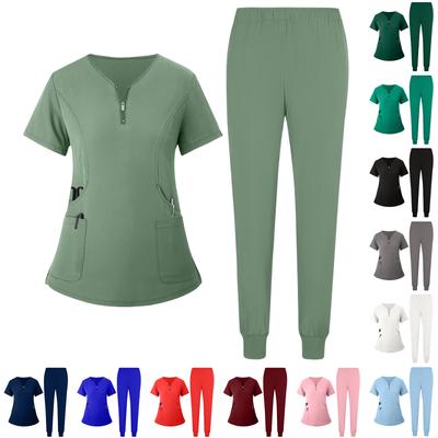 Women's Uniform Quick Drying Fabric Color V-neck Zipper Pocket Short Sleeved Pants Set Caregiver Set