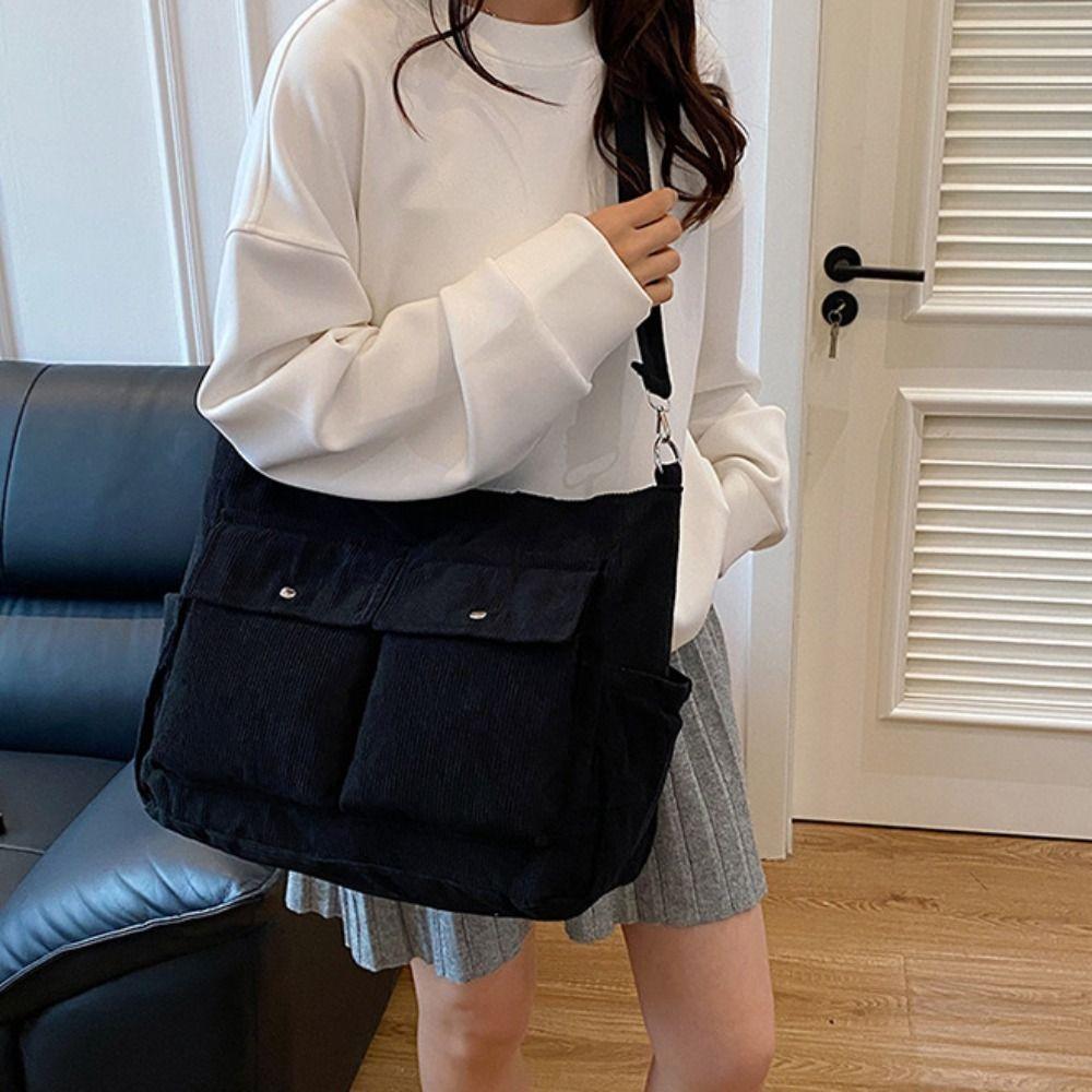 Trendy Large Capacity Corduroy Tote Bag Vintage Pure Color Multi-pocket Shoulder Bag Elegant Handbag Casual Underarm Bag Holiday