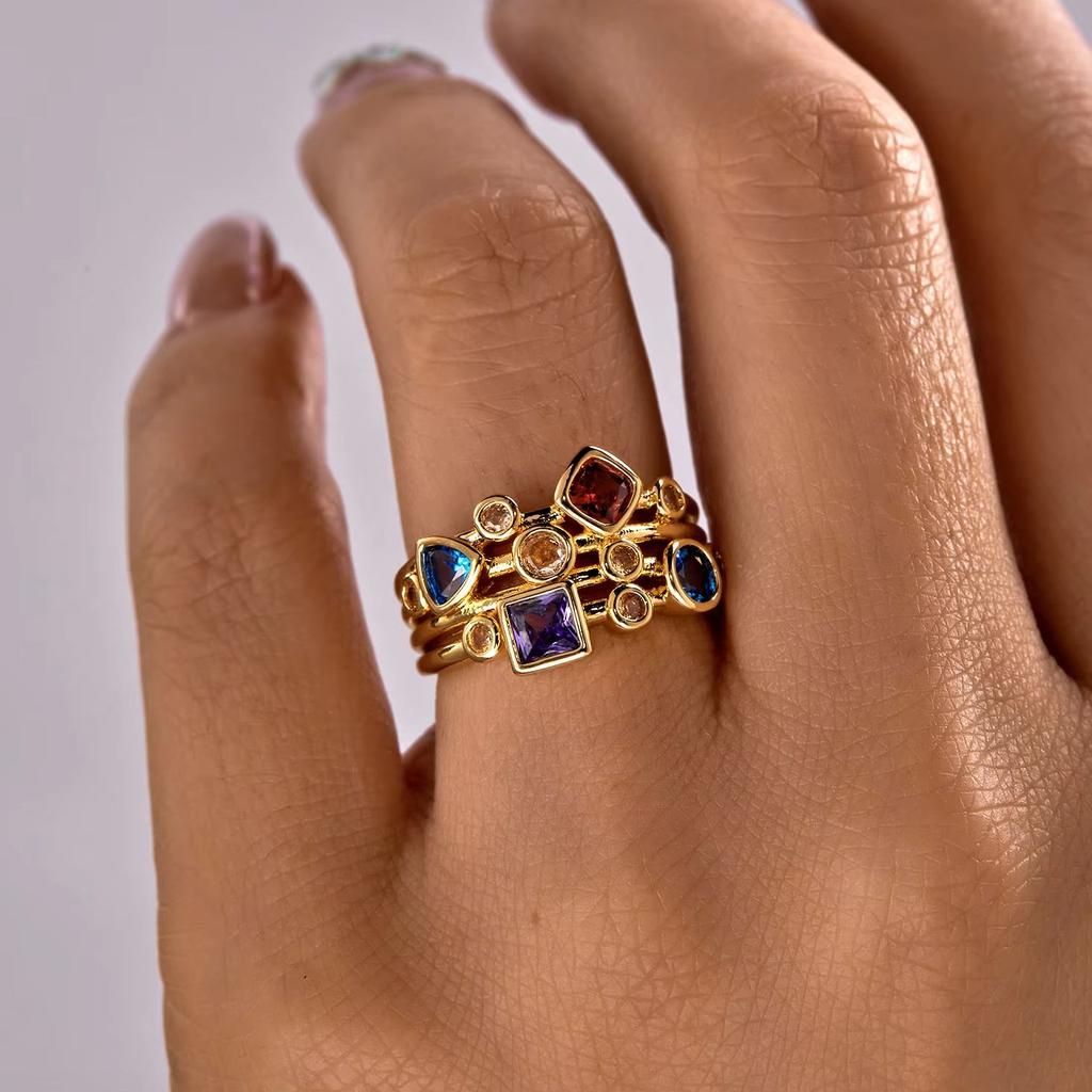Vintage Geometric Colorful Zircon Rings For Women Luxury Gold Color Copper Knuckle Ring Female Wedding Party Charm Jewelry Gift