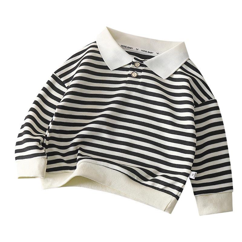 Kids' Striped Long-Sleeve Polo Shirt - 2023 Fall Collection with Turn-Down Collar for Boys & Girls