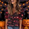 Women's Casual V-Neck Short Sleeve Blouse with Halloween Print