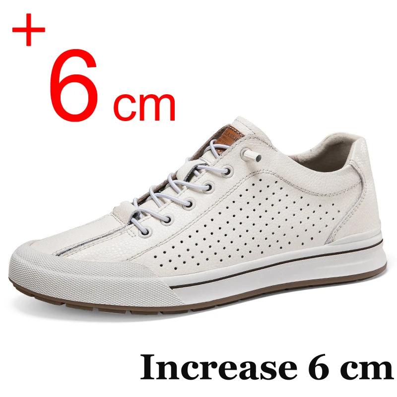 Genuine Leather Men Skataboard Shoes Elevator 6CM Height Increase Sports Loafers Hollow Breathable Sneakers Heightening Shoes