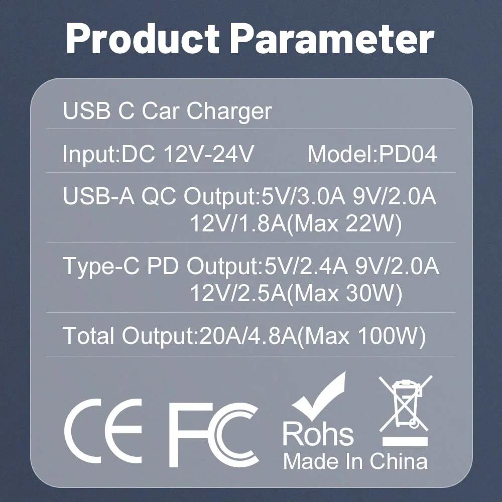100W Mini Car Charger with Pull Ring QC3.0 PD Fast Charging 12-24V for iPhone Xiaomi Samsung Huawei Universal for All Car Models