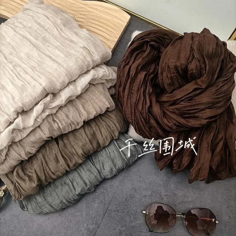 Solid Color Cotton Linen Scarf Retro Autumn Winter New Pleated Green Thin Strip Shawl Men'S Women'S Thermal Silk