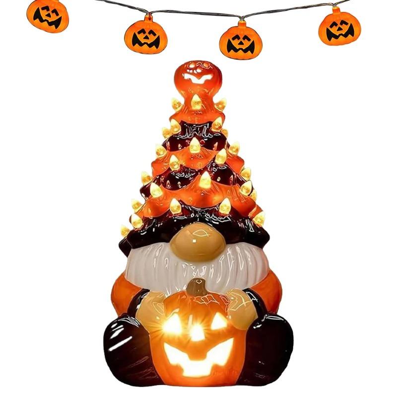 Halloween Zwerg Dekoration mit Licht, Kürbis Wichtel Keramik Baum Leuchtfigur, Orange LED Tisch Herbstdeko für Zuhause, Halloween Party