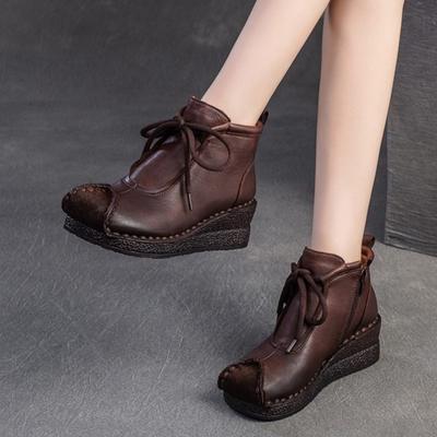 Retro Daudzpusīgi īsie zābaki Genuine Leather Apaļš purngals Sieviešu platformas apavi