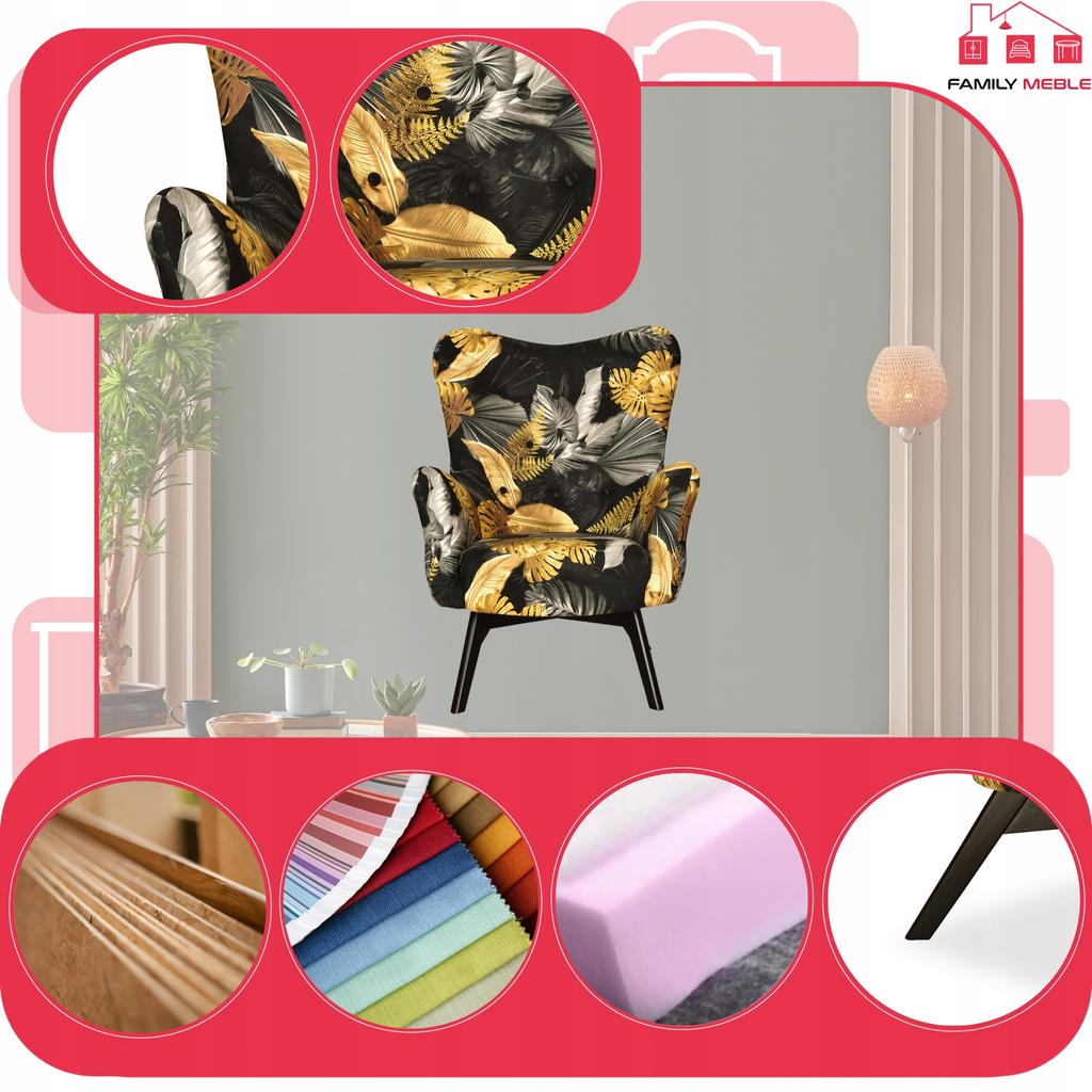 Fotel skandynawski Luna Print uszak muszelka Family meble monstera czarno złota